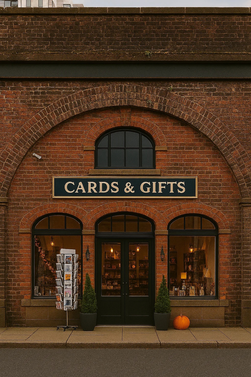 Brick store facade with 'Cards & Gifts' sign
